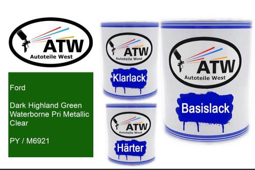 Ford, Dark Highland Green Waterborne Pri Metallic Clear, PY / M6921: 1L Lackdose + 1L Klarlack + 500ml Härter - Set, von ATW Autoteile West.